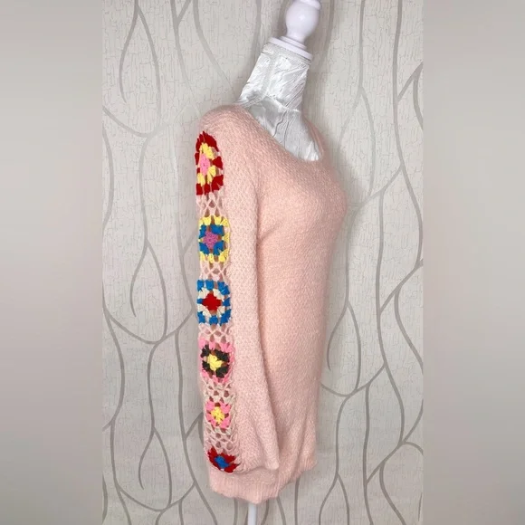 🎀🌷 Retro Style Pink Flare Bell Sleeve Crochet Floral Embroidery Sweater Dress 🌷🎀 - Picture 8 of 15